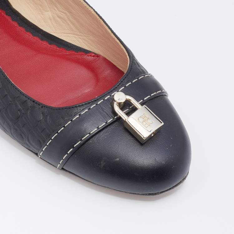 Pre Owned CH Carolina Herrera Black Embossed Leather Lock Detail Ballet Flats Size 40
