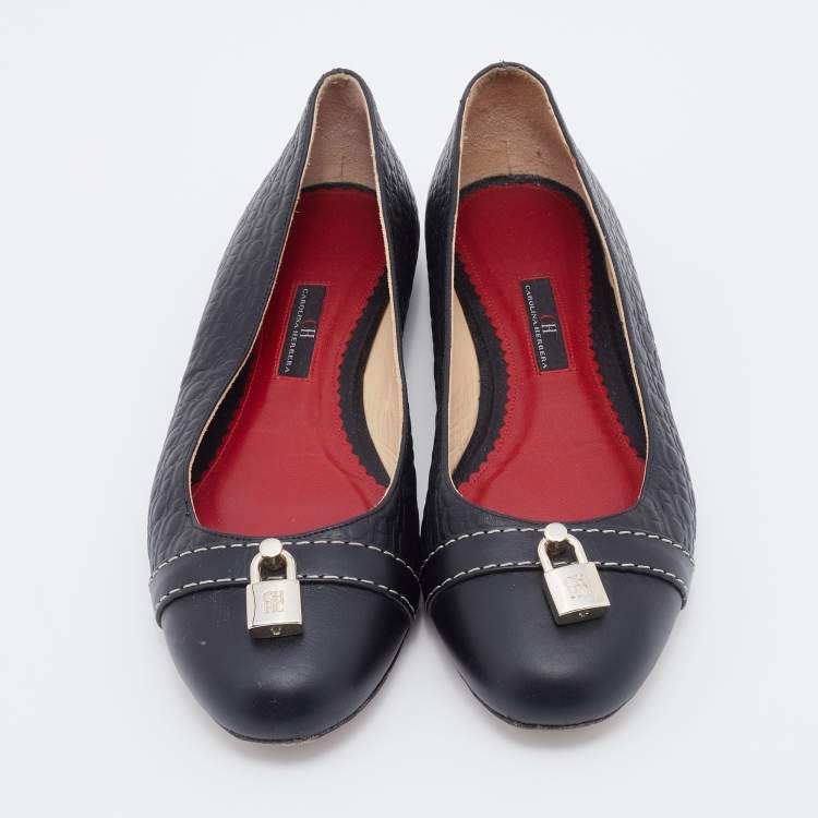 Pre Owned CH Carolina Herrera Black Embossed Leather Lock Detail Ballet Flats Size 40