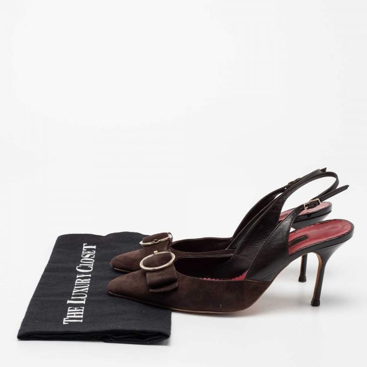 Pre Owned CH Carolina Herrera Brown Suede And Leather Bow Slingback Sandals Size 39