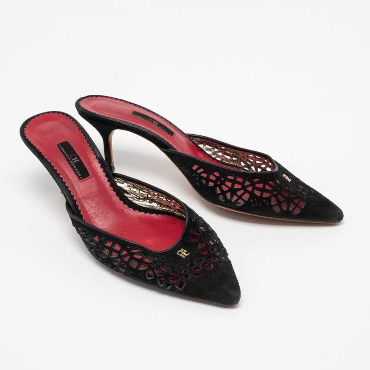 Pre Owned CH Carolina Herrera Black Suede Laser Cut Mules Size 41