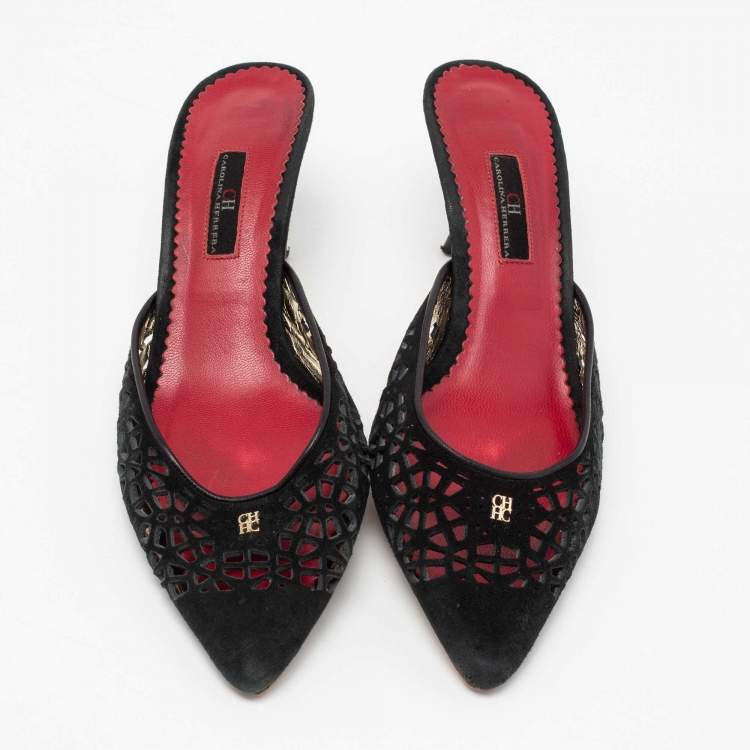 Pre Owned CH Carolina Herrera Black Suede Laser Cut Mules Size 41