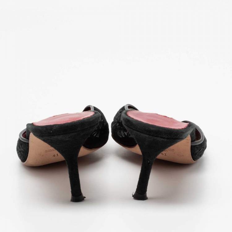 Pre Owned CH Carolina Herrera Black Suede Laser Cut Mules Size 41