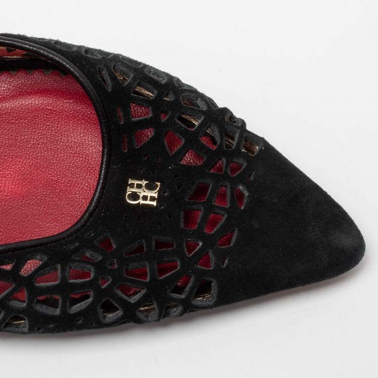 Pre Owned CH Carolina Herrera Black Suede Laser Cut Mules Size 41