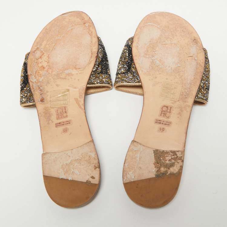 Pre Owned CH Carolina Herrera Metallic Gold Leather Crystal Embellished Flat Slide Sandals Size 39