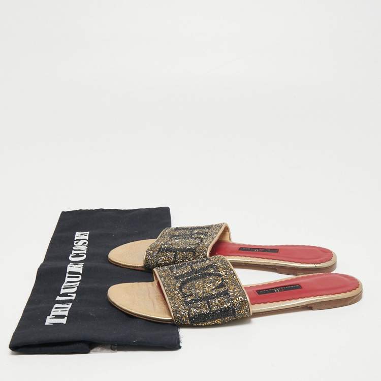 Pre Owned CH Carolina Herrera Metallic Gold Leather Crystal Embellished Flat Slide Sandals Size 39