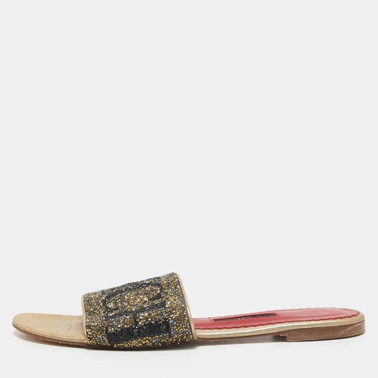 Pre Owned CH Carolina Herrera Metallic Gold Leather Crystal Embellished Flat Slide Sandals Size 39