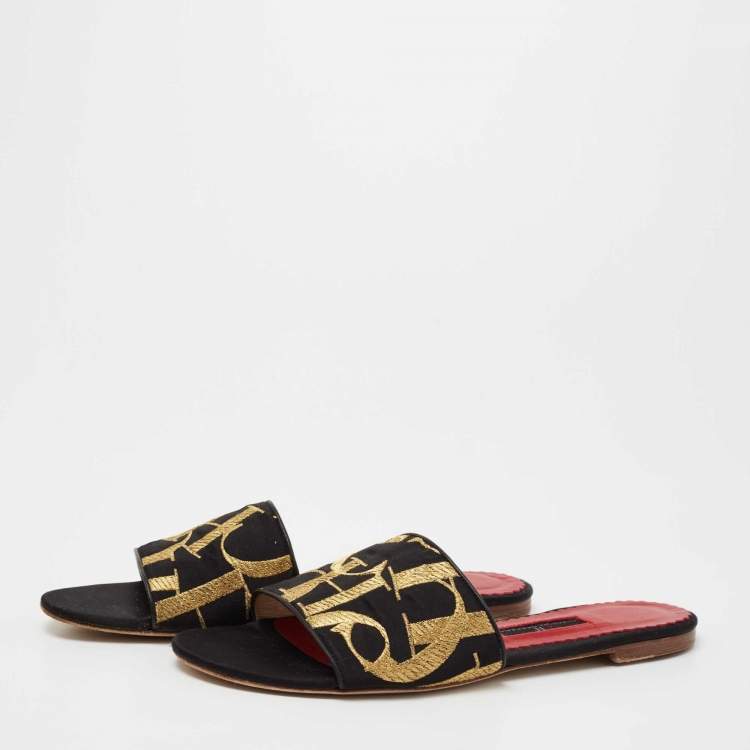 Pre Owned CH Carolina Herrera Black/Gold Logo Embroidered Satin Flat Slides Size 39