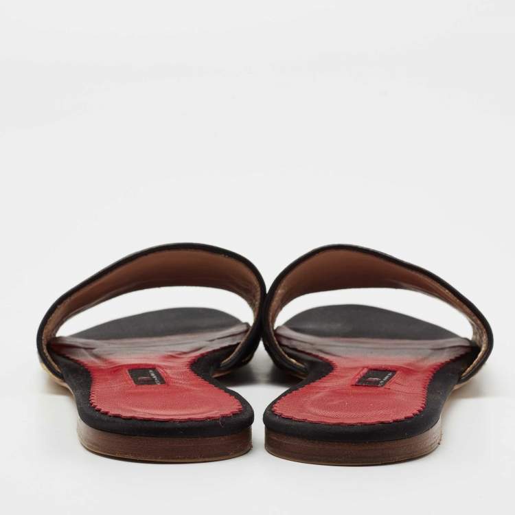 Pre Owned CH Carolina Herrera Black/Gold Logo Embroidered Satin Flat Slides Size 39