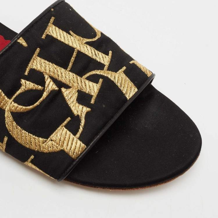 Pre Owned CH Carolina Herrera Black/Gold Logo Embroidered Satin Flat Slides Size 39