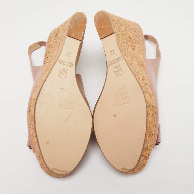 مملوكة مسبقًا CH Carolina Herrera Dusty Pink Leather Bow Cork Wedge Slingback Sandals Size 38