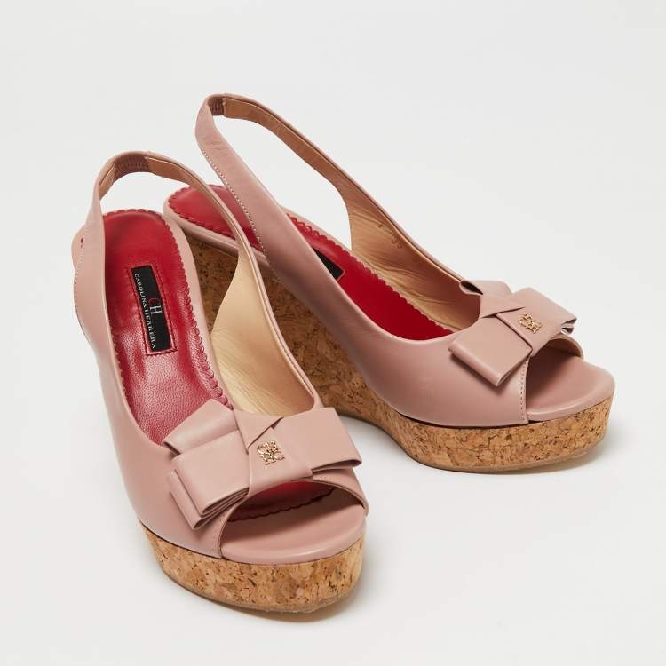 مملوكة مسبقًا CH Carolina Herrera Dusty Pink Leather Bow Cork Wedge Slingback Sandals Size 38