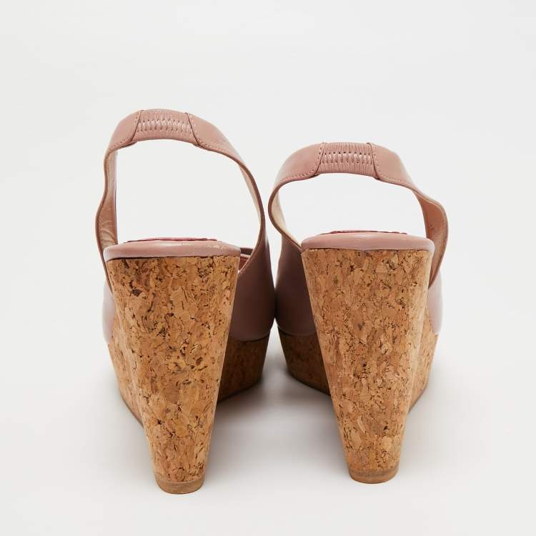 مملوكة مسبقًا CH Carolina Herrera Dusty Pink Leather Bow Cork Wedge Slingback Sandals Size 38