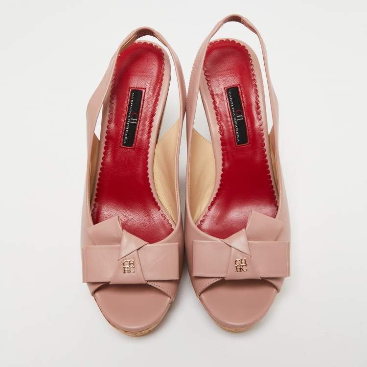 مملوكة مسبقًا CH Carolina Herrera Dusty Pink Leather Bow Cork Wedge Slingback Sandals Size 38