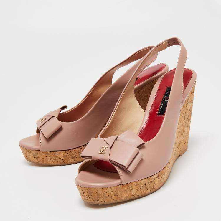 مملوكة مسبقًا CH Carolina Herrera Dusty Pink Leather Bow Cork Wedge Slingback Sandals Size 38