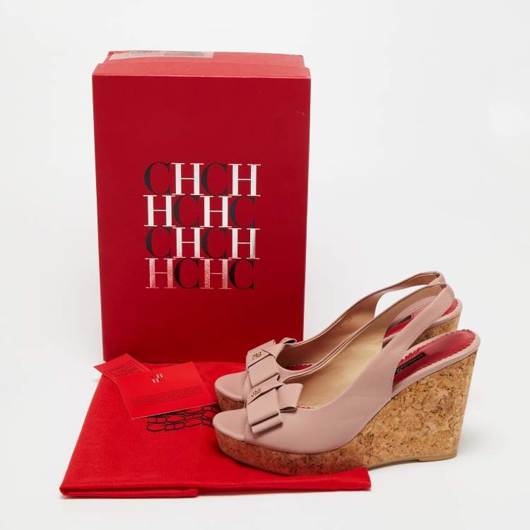 مملوكة مسبقًا CH Carolina Herrera Dusty Pink Leather Bow Cork Wedge Slingback Sandals Size 38