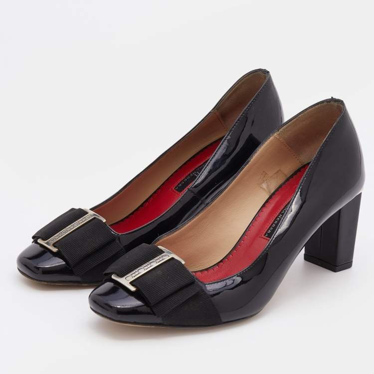 Pre Owned CH Carolina Herrera Black Patent Leather Bow Block Heel Pumps Size 36
