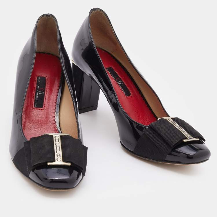 Pre Owned CH Carolina Herrera Black Patent Leather Bow Block Heel Pumps Size 36