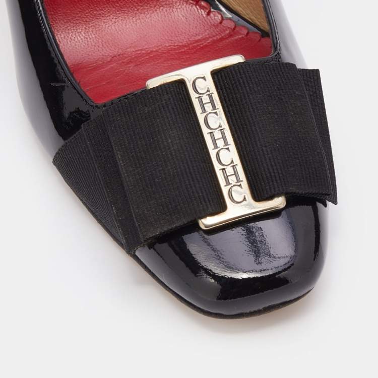 Pre Owned CH Carolina Herrera Black Patent Leather Bow Block Heel Pumps Size 36