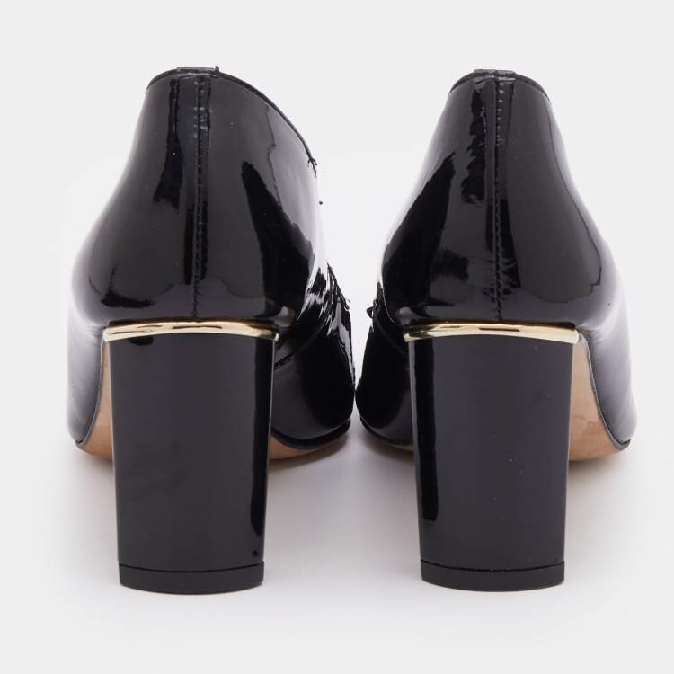 Pre Owned CH Carolina Herrera Black Patent Leather Bow Block Heel Pumps Size 36