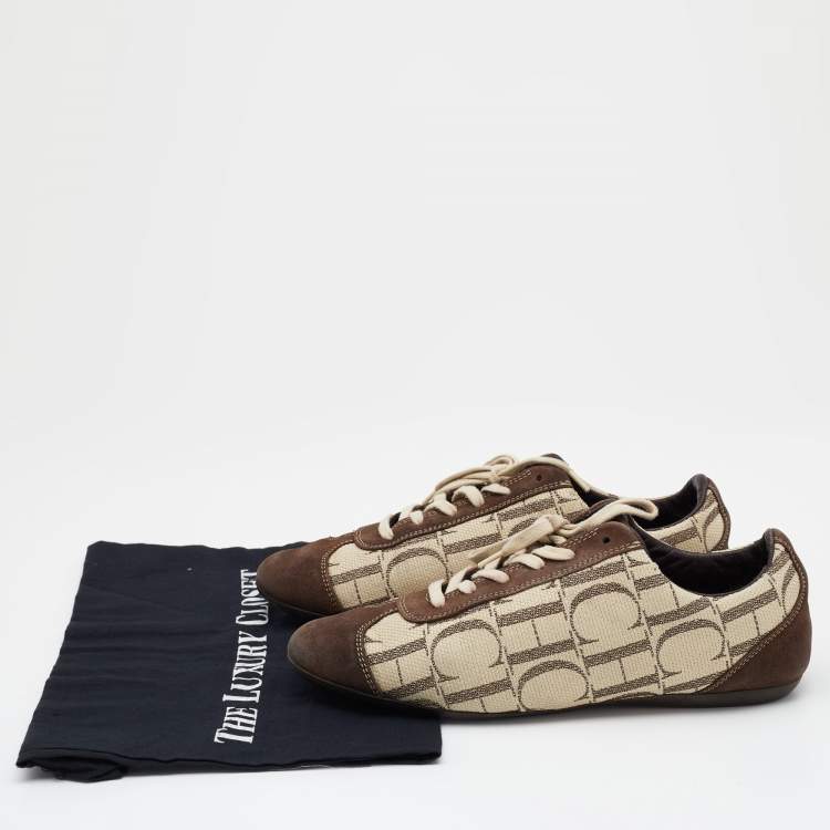 Pre Owned CH Carolina Herrera Beige/Brown Monogram Canvas And Suede Low Top  Sneakers Size 40