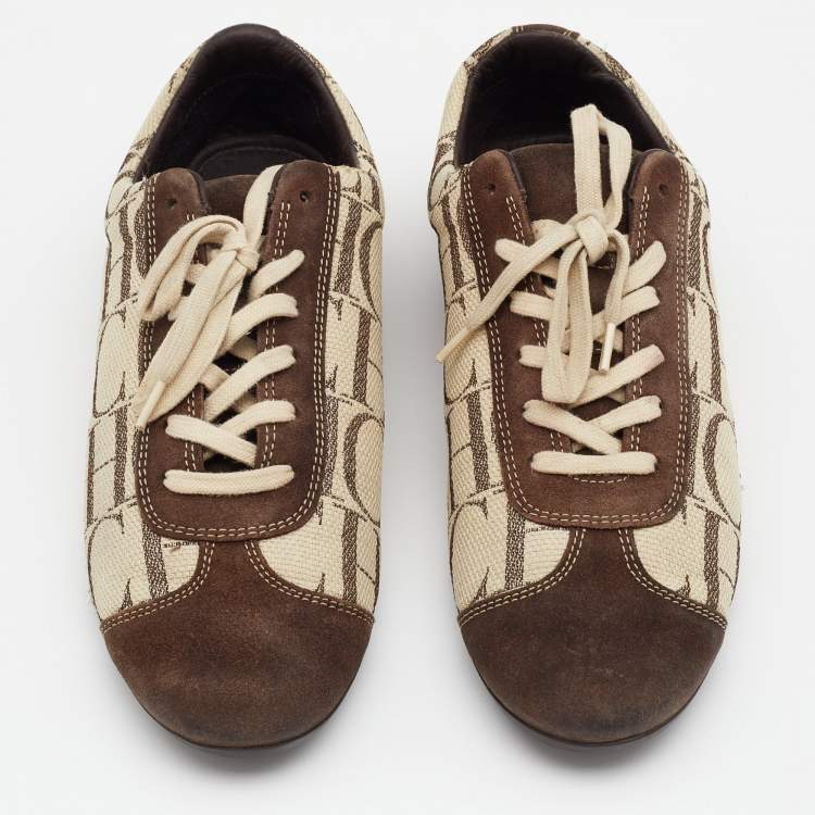 Pre Owned CH Carolina Herrera Beige/Brown Monogram Canvas And Suede Low Top  Sneakers Size 40