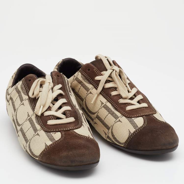 Pre Owned CH Carolina Herrera Beige/Brown Monogram Canvas And Suede Low Top  Sneakers Size 40