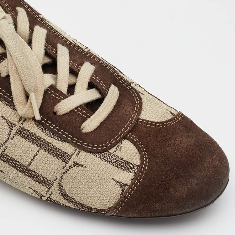 Pre Owned CH Carolina Herrera Beige/Brown Monogram Canvas And Suede Low Top  Sneakers Size 40