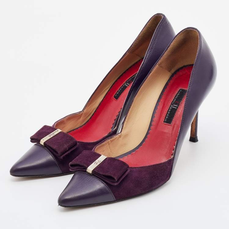 Pre Owned CH Carolina Herrera Purple Suede And Leather Pointed Cap Toe Pumps Size 37