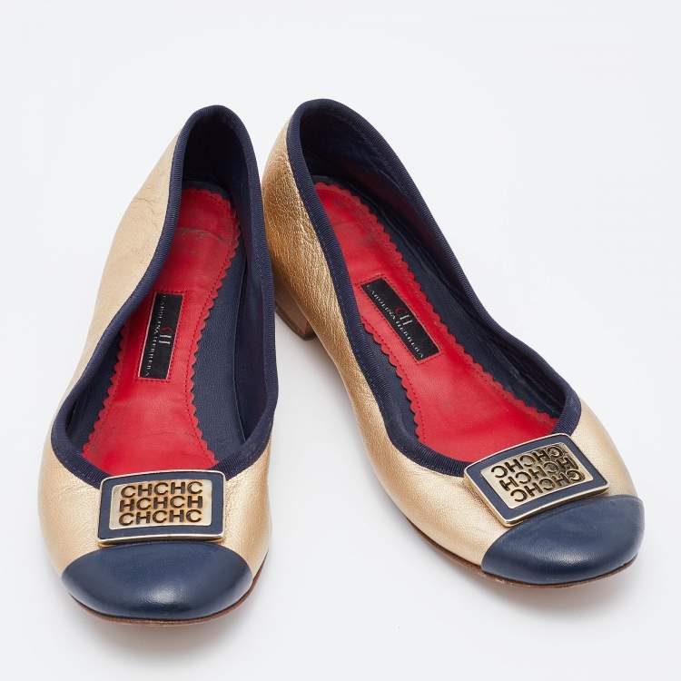 Pre Owned CH Carolina Herrera Gold/Blue Leather Embellished Ballet Flats Size 39