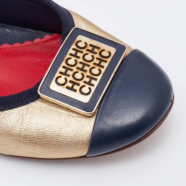 Pre Owned CH Carolina Herrera Gold/Blue Leather Embellished Ballet Flats Size 39
