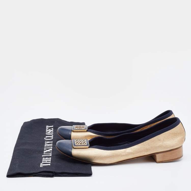 Pre Owned CH Carolina Herrera Gold/Blue Leather Embellished Ballet Flats Size 39