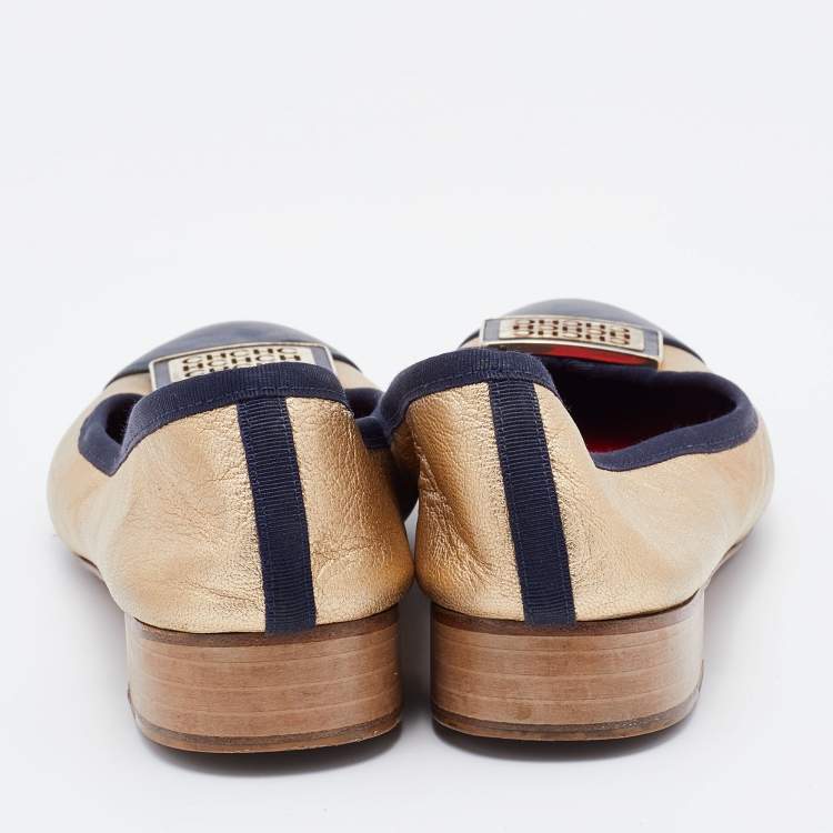 Pre Owned CH Carolina Herrera Gold/Blue Leather Embellished Ballet Flats Size 39