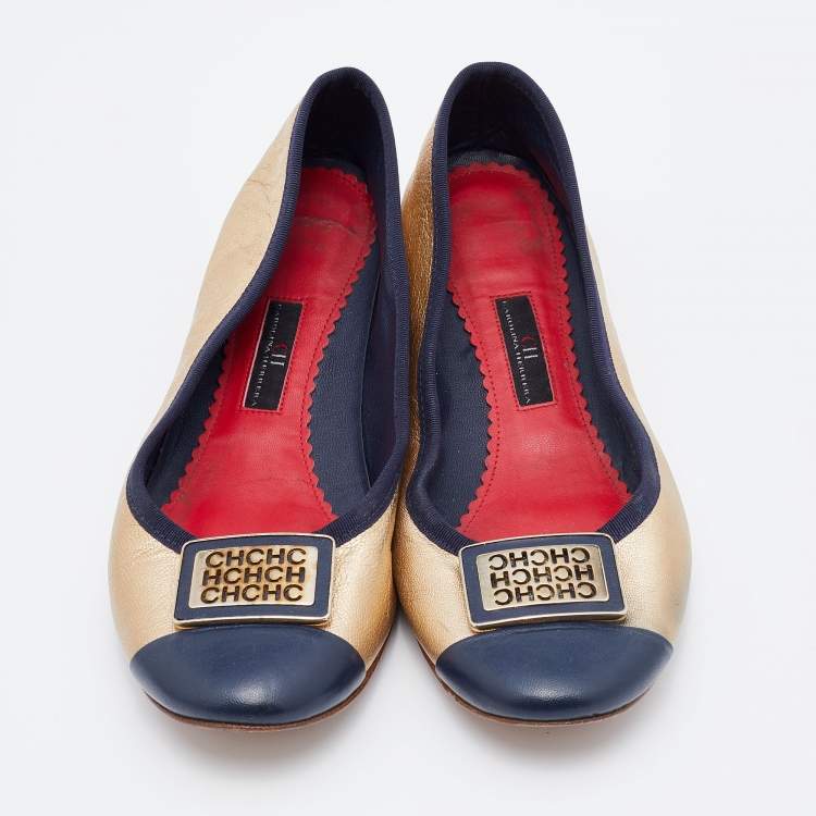 Pre Owned CH Carolina Herrera Gold/Blue Leather Embellished Ballet Flats Size 39
