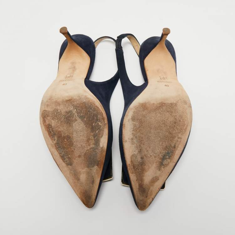 Pre Owned CH Carolina Herrera Navy Blue Suede Pointed Toe Slingback Pumps Size 40