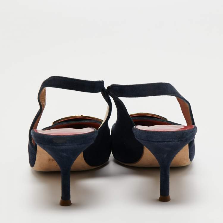 Pre Owned CH Carolina Herrera Navy Blue Suede Pointed Toe Slingback Pumps Size 40