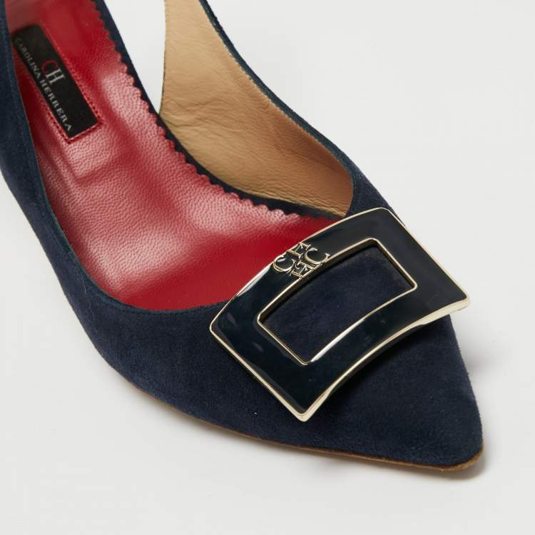 Pre Owned CH Carolina Herrera Navy Blue Suede Pointed Toe Slingback Pumps Size 40