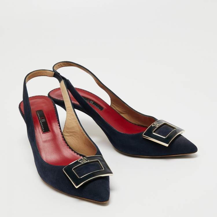 Pre Owned CH Carolina Herrera Navy Blue Suede Pointed Toe Slingback Pumps Size 40