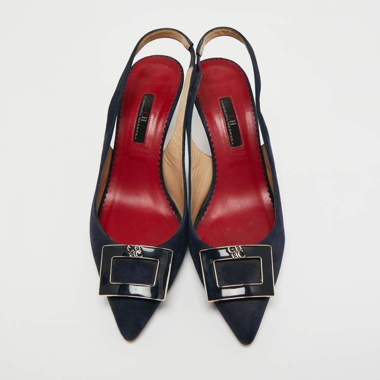 Pre Owned CH Carolina Herrera Navy Blue Suede Pointed Toe Slingback Pumps Size 40