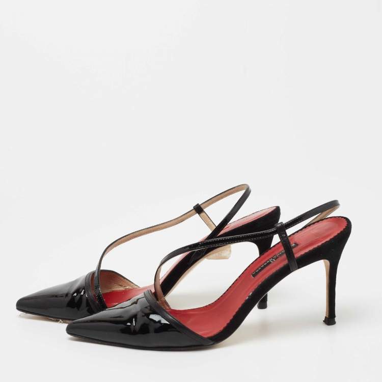 Pre Owned CH Carolina Herrera Black Patent Leather Slingback Sandals Size 37
