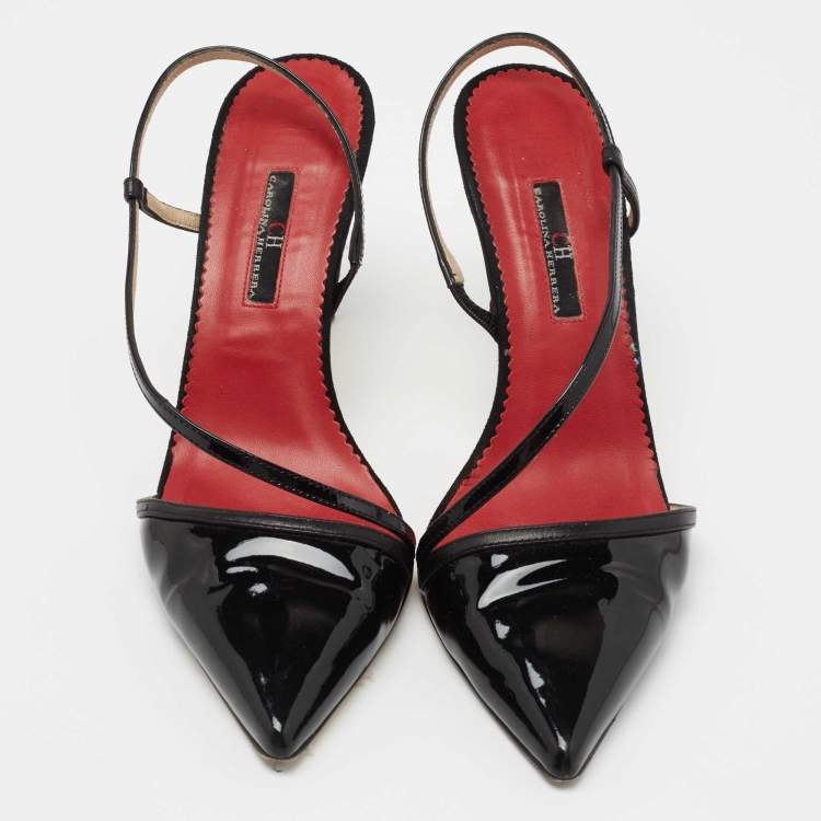 Pre Owned CH Carolina Herrera Black Patent Leather Slingback Sandals Size 37