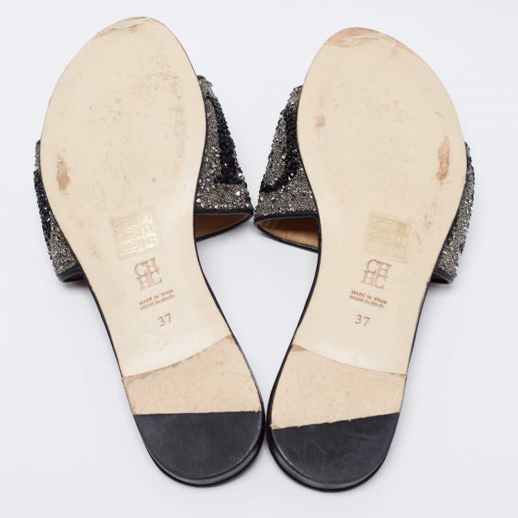 Pre Owned CH Carolina Herrera Black Leather Crystal Embellished Flat Slides Size 37