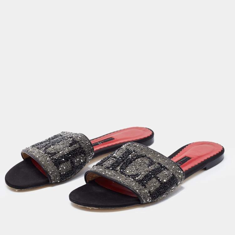 Pre Owned CH Carolina Herrera Black Leather Crystal Embellished Flat Slides Size 37