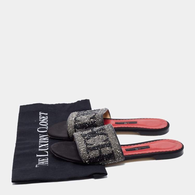 Pre Owned CH Carolina Herrera Black Leather Crystal Embellished Flat Slides Size 37