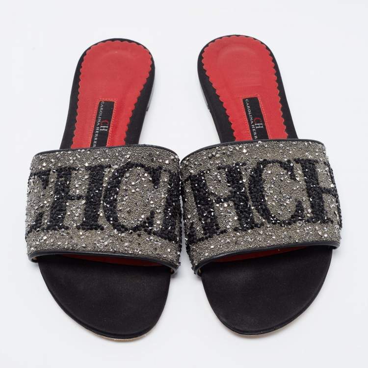 Pre Owned CH Carolina Herrera Black Leather Crystal Embellished Flat Slides Size 37