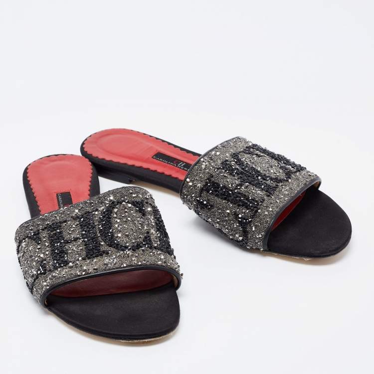 Pre Owned CH Carolina Herrera Black Leather Crystal Embellished Flat Slides Size 37