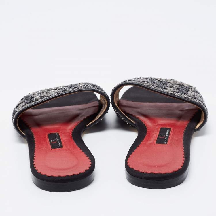 Pre Owned CH Carolina Herrera Black Leather Crystal Embellished Flat Slides Size 37