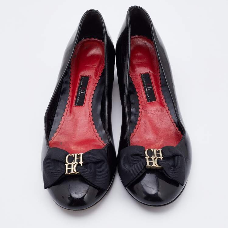 Pre Owned CH Carolina Herrera Black Patent Leather Bow Pumps Size 40