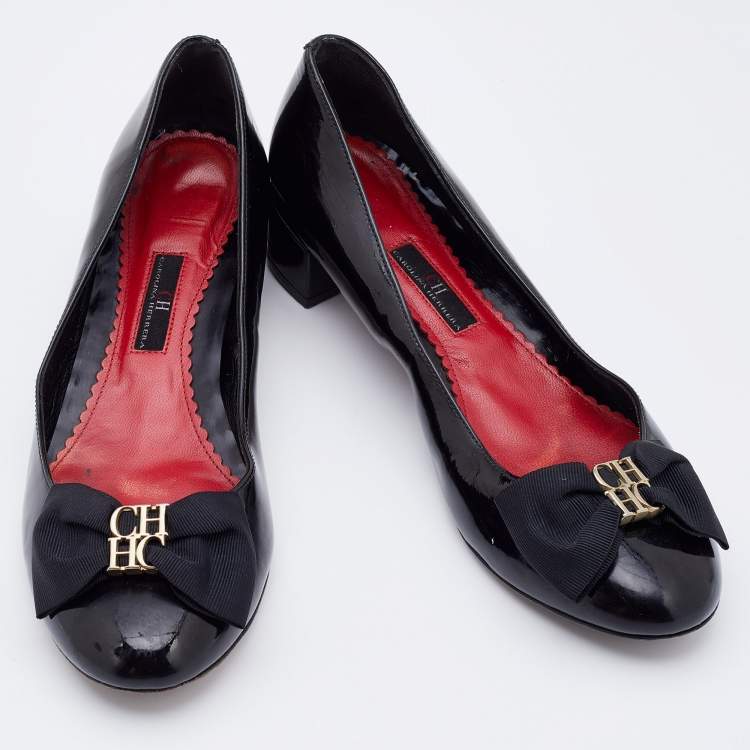 Pre Owned CH Carolina Herrera Black Patent Leather Bow Pumps Size 40