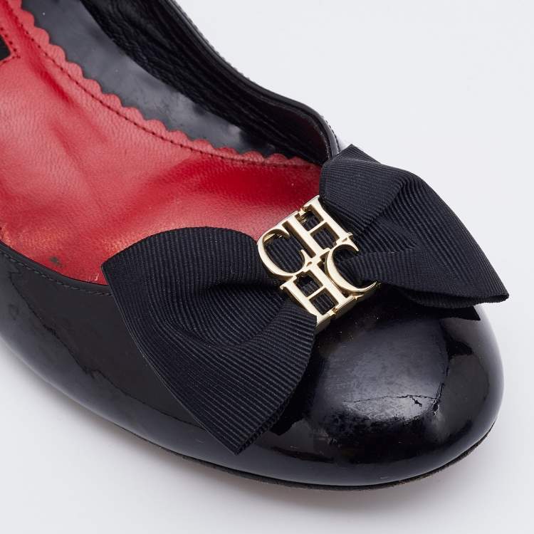 Pre Owned CH Carolina Herrera Black Patent Leather Bow Pumps Size 40