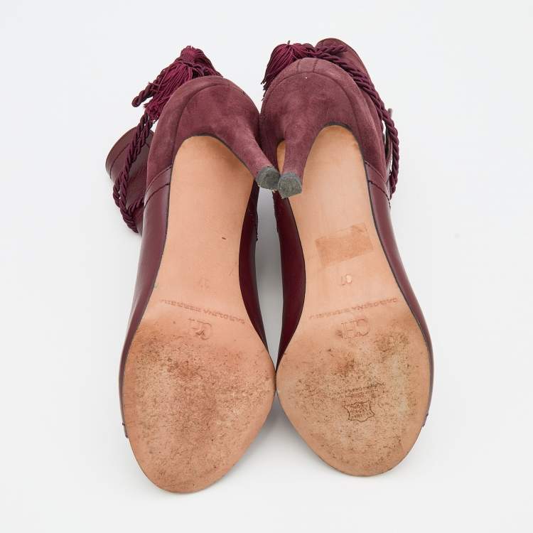 Pre Owned CH Carolina Herrera Burgundy Leather and Suede Open Toe Ankle Boots Size 37